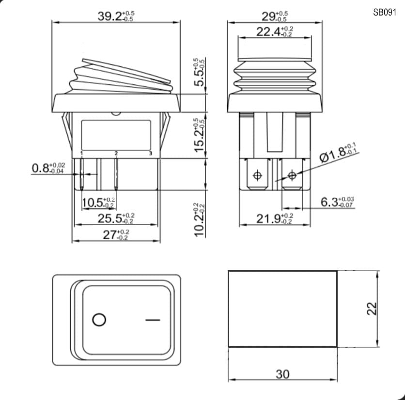 Миниатюра: Схема SB091-12V IP65 on-off 22x30mm