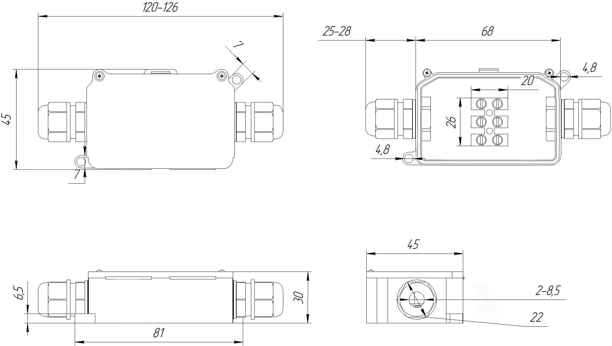 Миниатюра: Схема BOX-2 IP65 2pin CA10 10A/450V