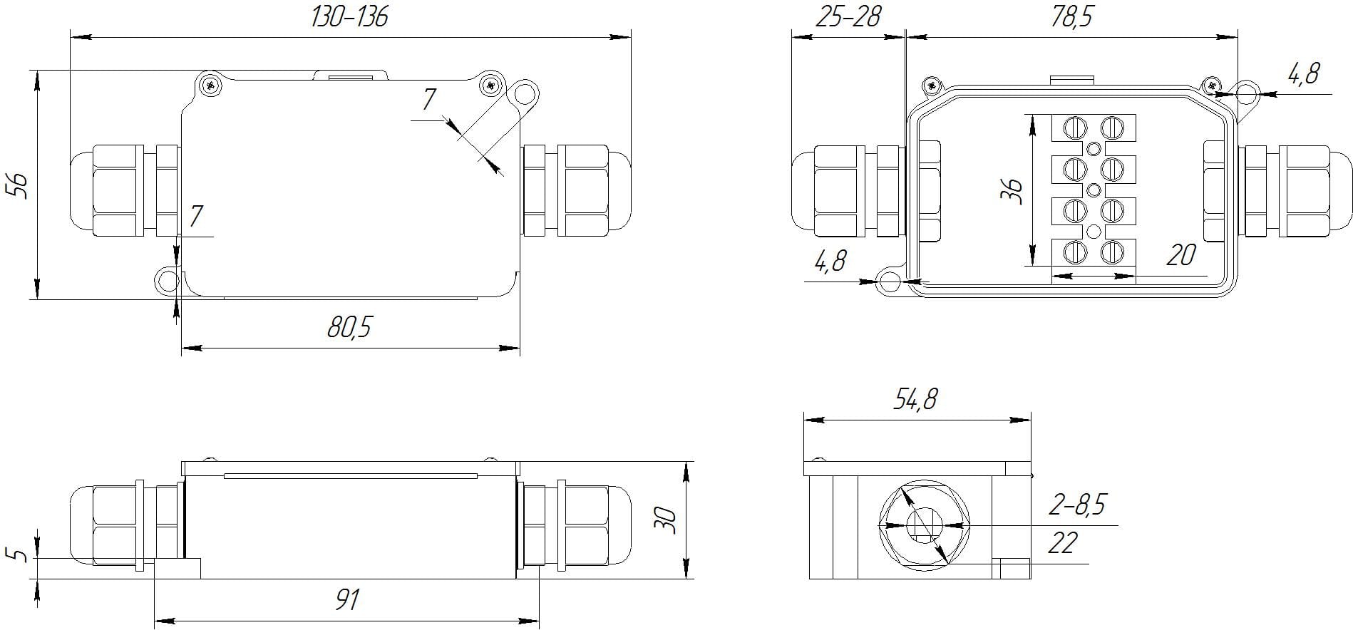 Миниатюра: Схема BOX-2-1 IP65 2pin CA10 10A/450V