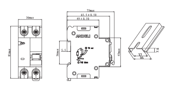 Миниатюра: Схема DZ59LE-40 1P+N 32A 30mA х-ка 4.5kA
