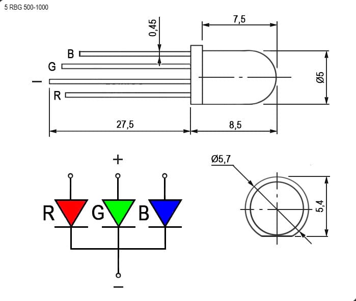 Миниатюра: Схема 5 RBG 500-1000 mcd 2-3,4v