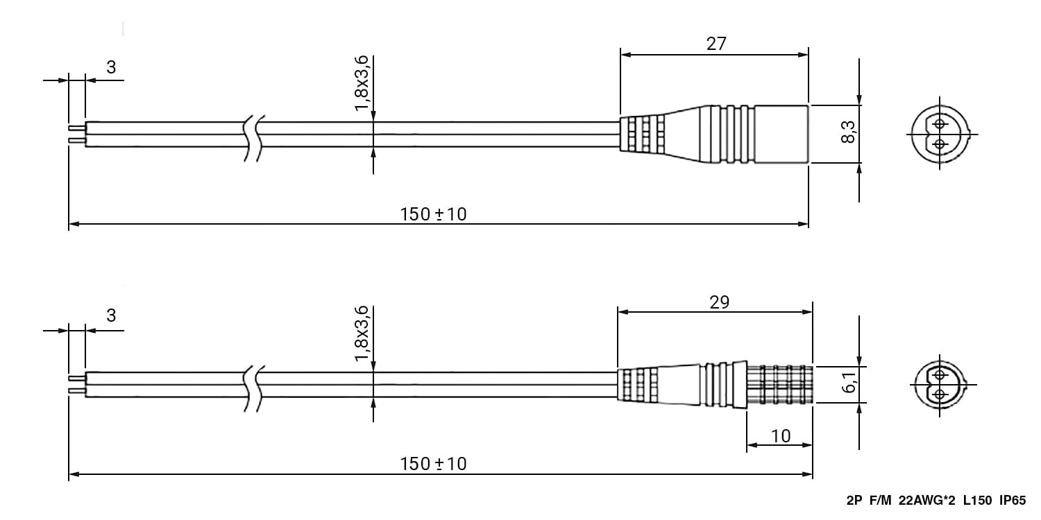 Миниатюра: Схема 2P F/M 22AWG*2 L150mm BLACK IP65